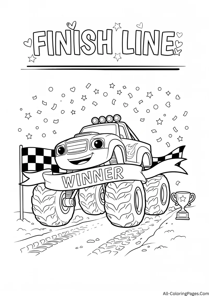 Monster truck with a Winner banner crossing the finish line with a checkered flag, a trophy and confetti