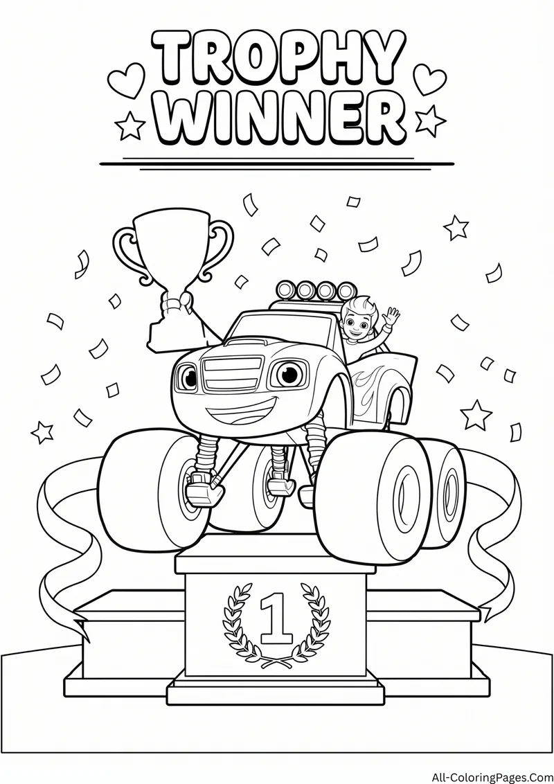 Monster truck on a number one podium with a trophy, confetti and a waving driver, with the title Trophy Winner