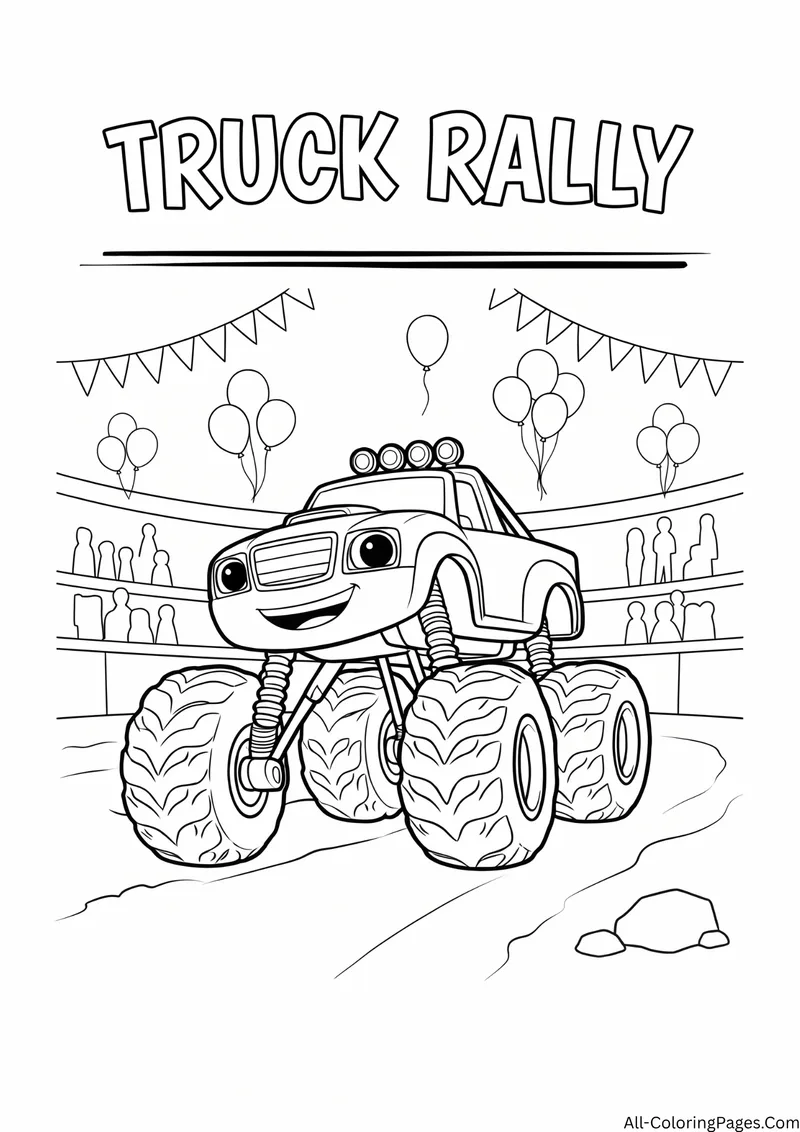 Monster truck in a stadium with a cheering crowd, bunting flags and balloons, with the title Truck Rally