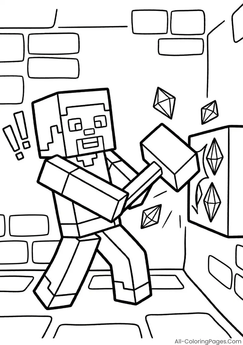 Steve swinging a pickaxe at diamonds in a blocky cave