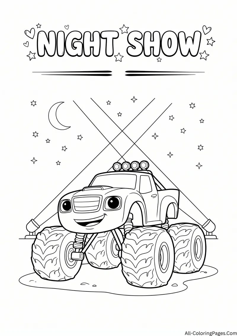 Monster truck under crossing spotlights with a crescent moon and stars, with the title Night Show