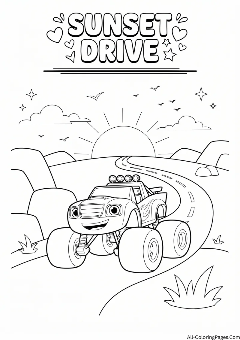 Monster truck driving on a winding road toward a setting sun with birds, with the title Sunset Drive