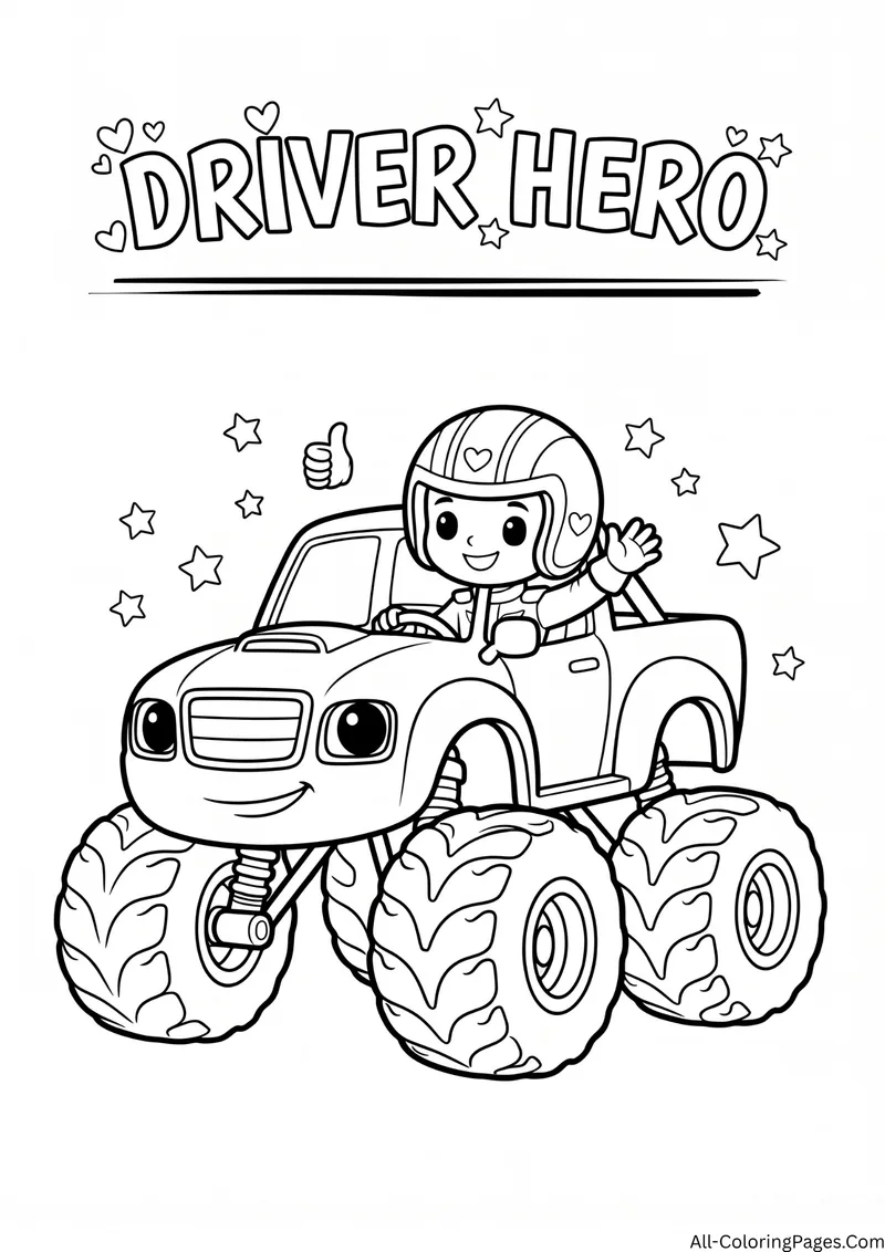 Child driver in a helmet waving from a monster truck window with a thumbs up and stars, with the title Driver Hero