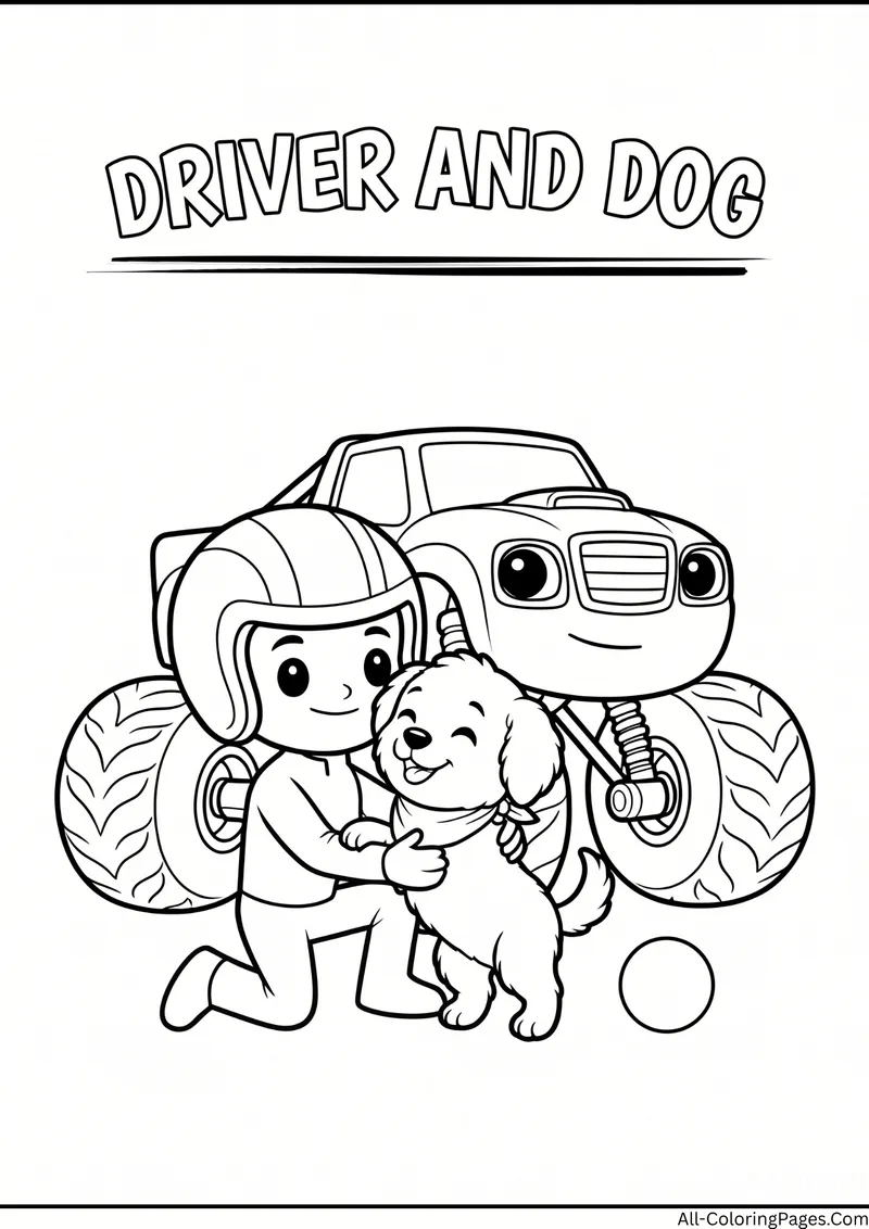 Child in a helmet hugging a fluffy dog with a ball in front of a monster truck, with the title Driver and Dog