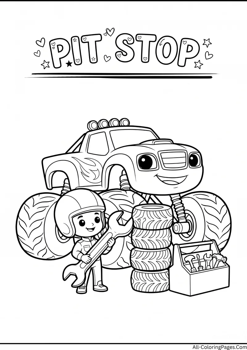 Child mechanic holding a wrench next to a monster truck, a stack of tires and a toolbox, with the title Pit Stop