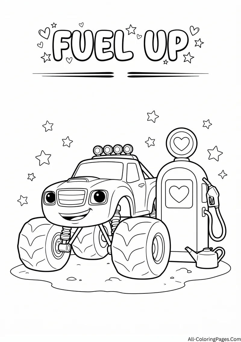 Monster truck parked beside a fuel pump with a heart and an oil can, with the title Fuel Up