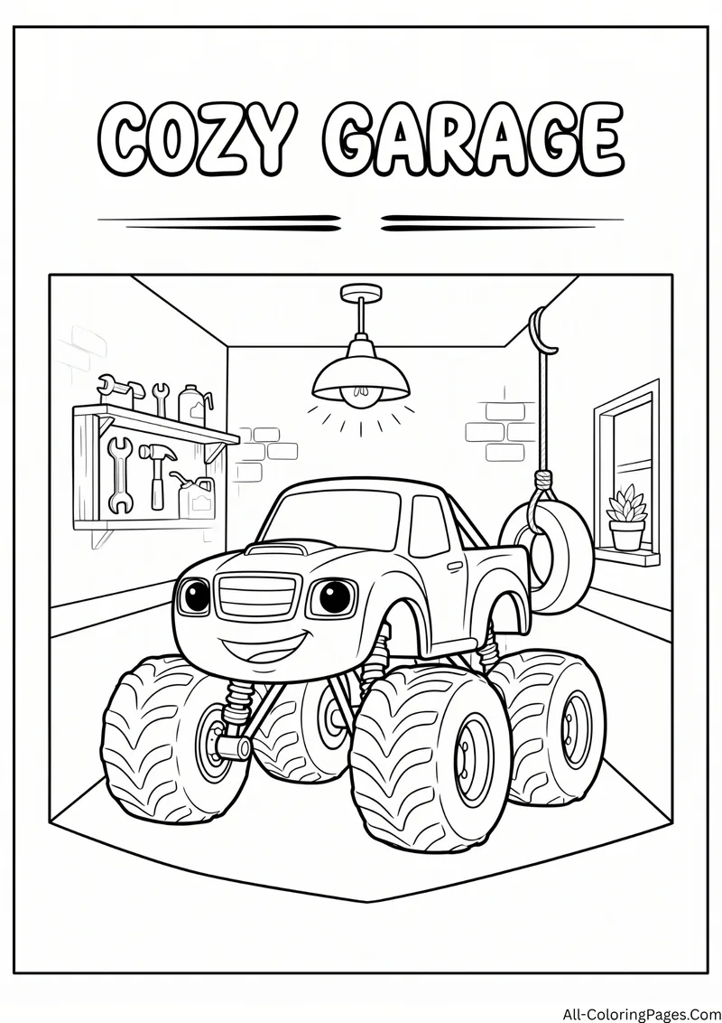 Monster truck parked inside a garage with tools on the wall and a hanging lamp, with the title Cozy Garage