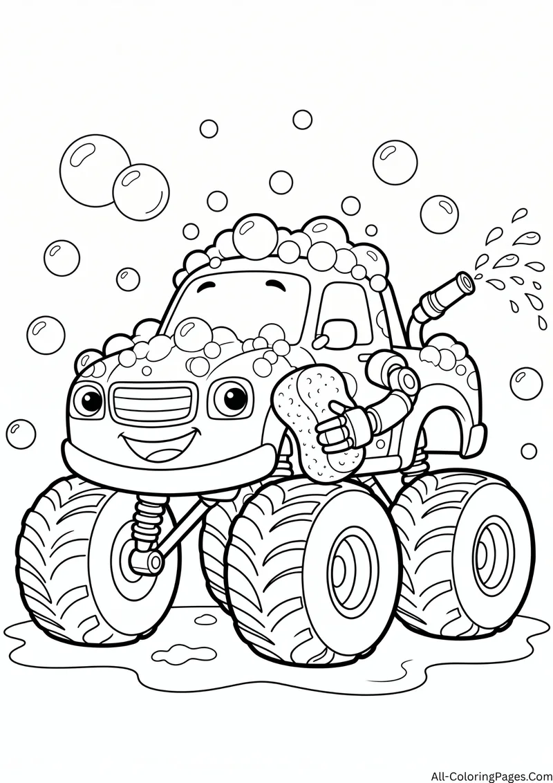 Monster truck covered in soap bubbles holding a sponge and a hose