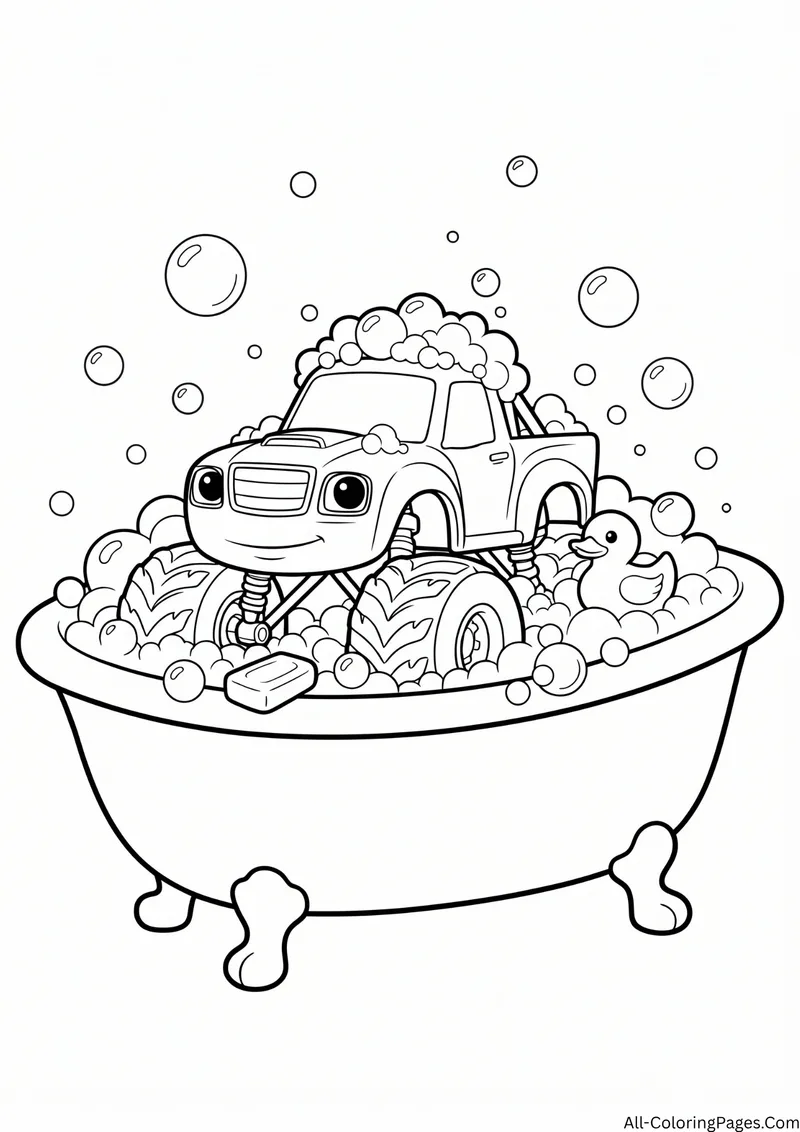 Monster truck sitting in a clawfoot bathtub full of bubbles with a rubber duck and soap