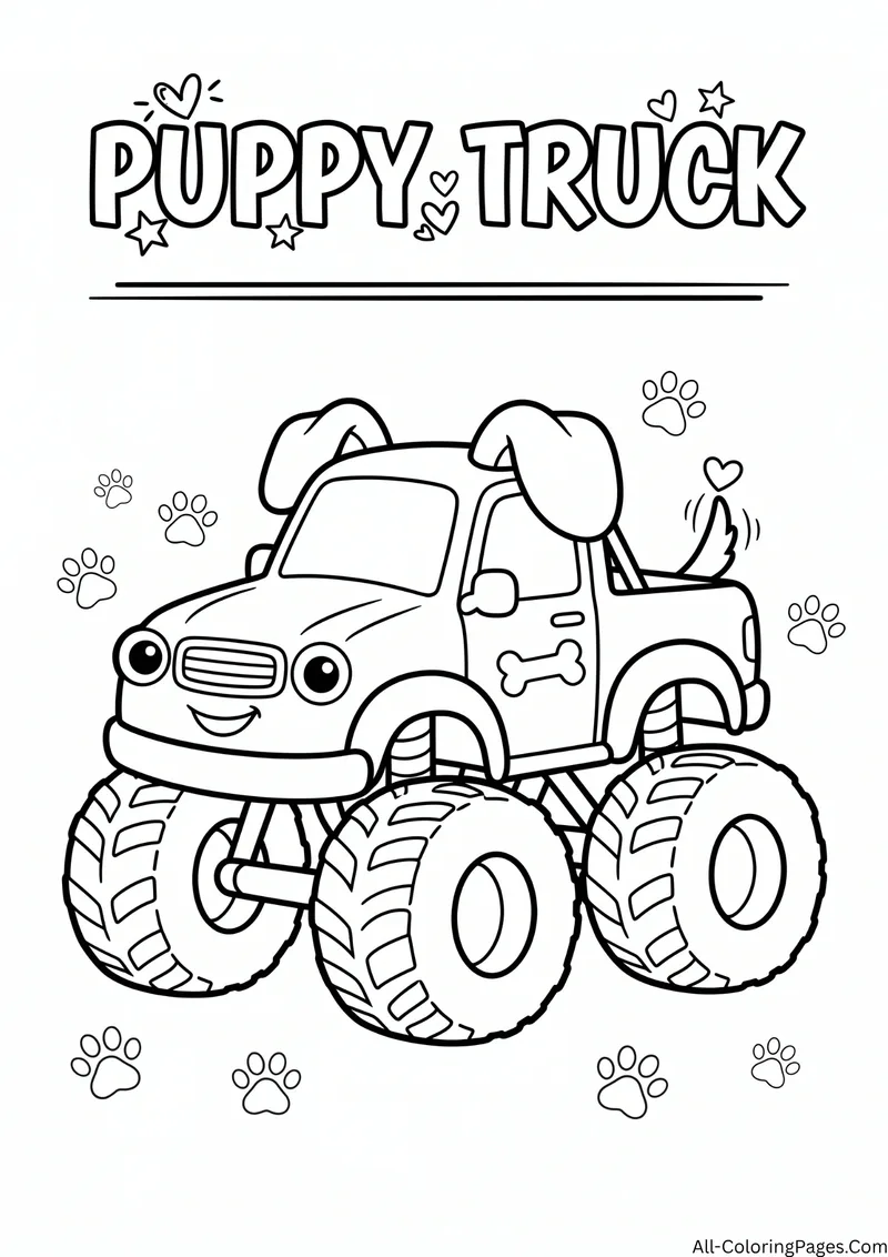 Monster truck with puppy ears, a tail and a bone on the door among paw prints, with the title Puppy Truck