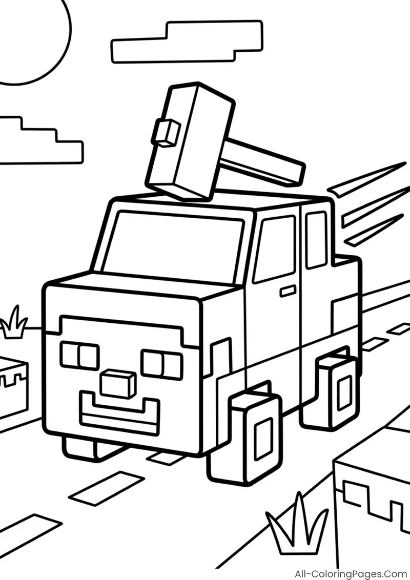 A blocky Steve-inspired vehicle with a pickaxe mounted on its roof
