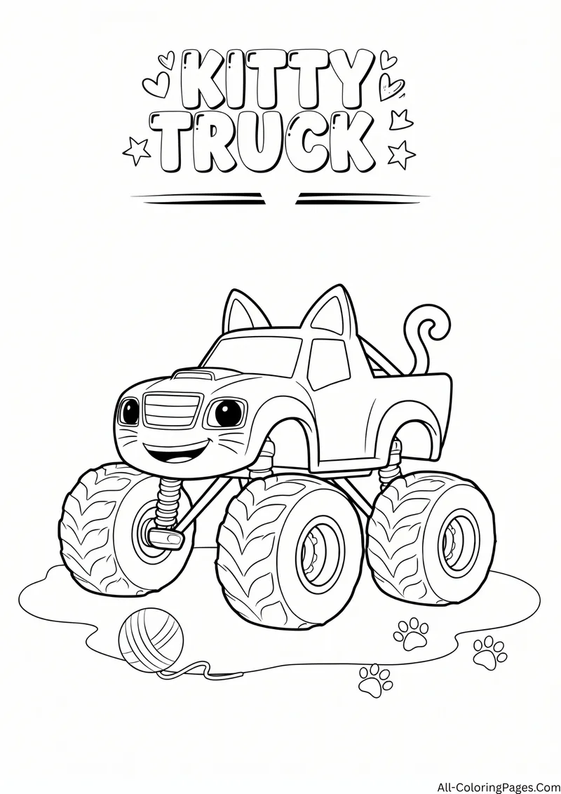 Monster truck with cat ears and a curly tail next to a ball of yarn and paw prints, with the title Kitty Truck