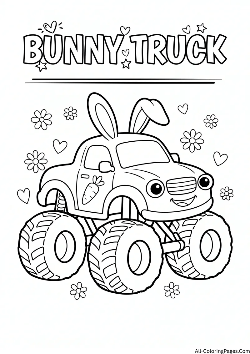 Monster truck with bunny ears and a carrot on the door among flowers, with the title Bunny Truck