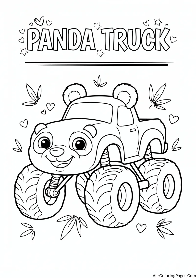 Monster truck with a panda face and round ears among bamboo leaves and hearts, with the title Panda Truck