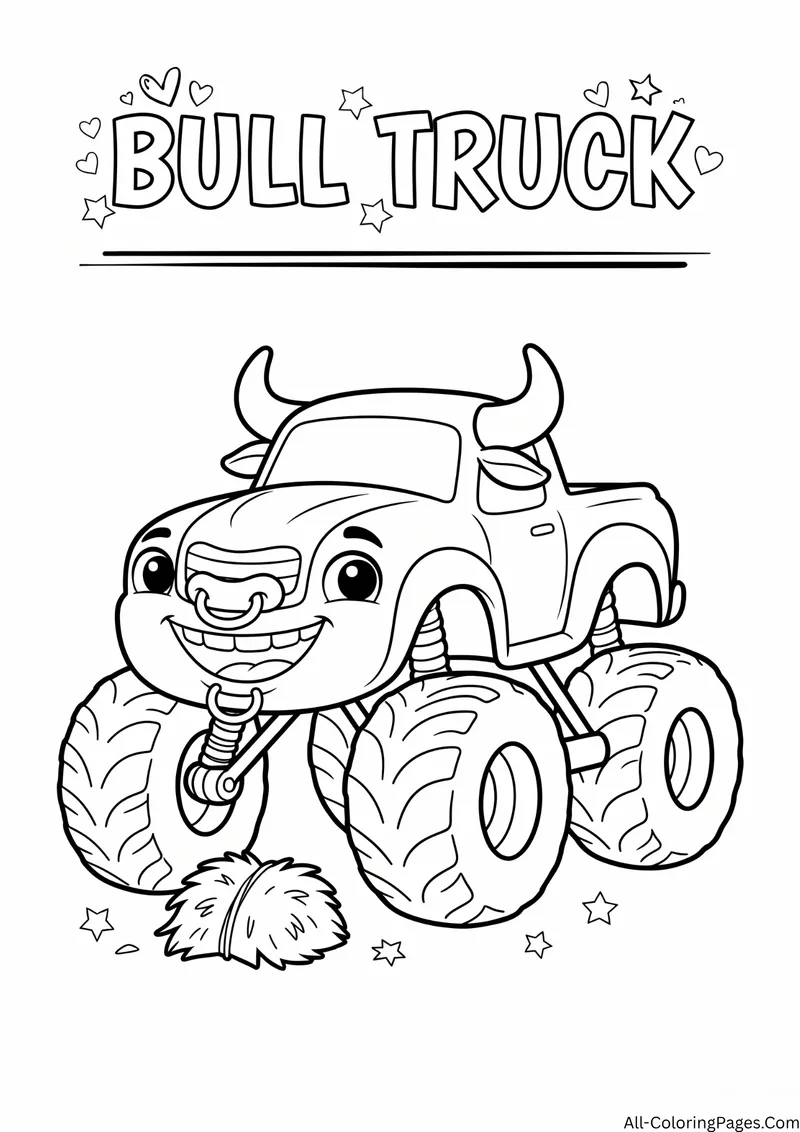 Monster truck with bull horns and a big toothy grin, with the title Bull Truck