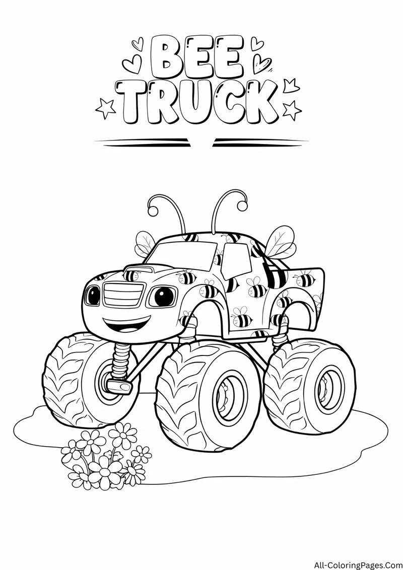 Monster truck with bee stripes, wings and antennae beside flowers, with the title Bee Truck