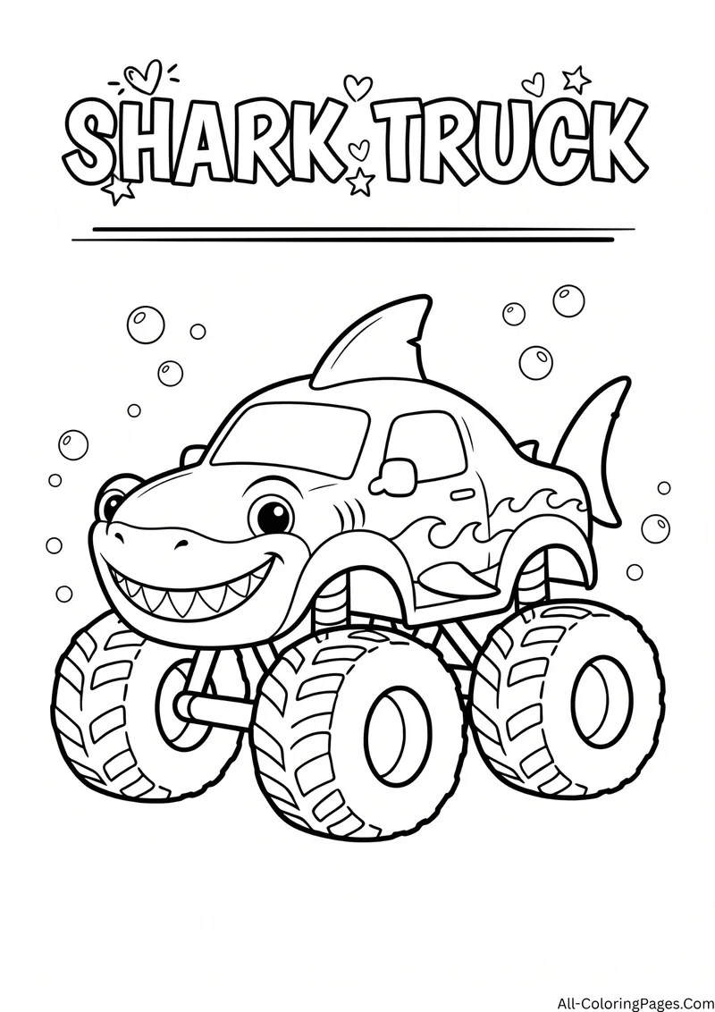 Monster truck shaped like a shark with a fin and sharp teeth among bubbles, with the title Shark Truck