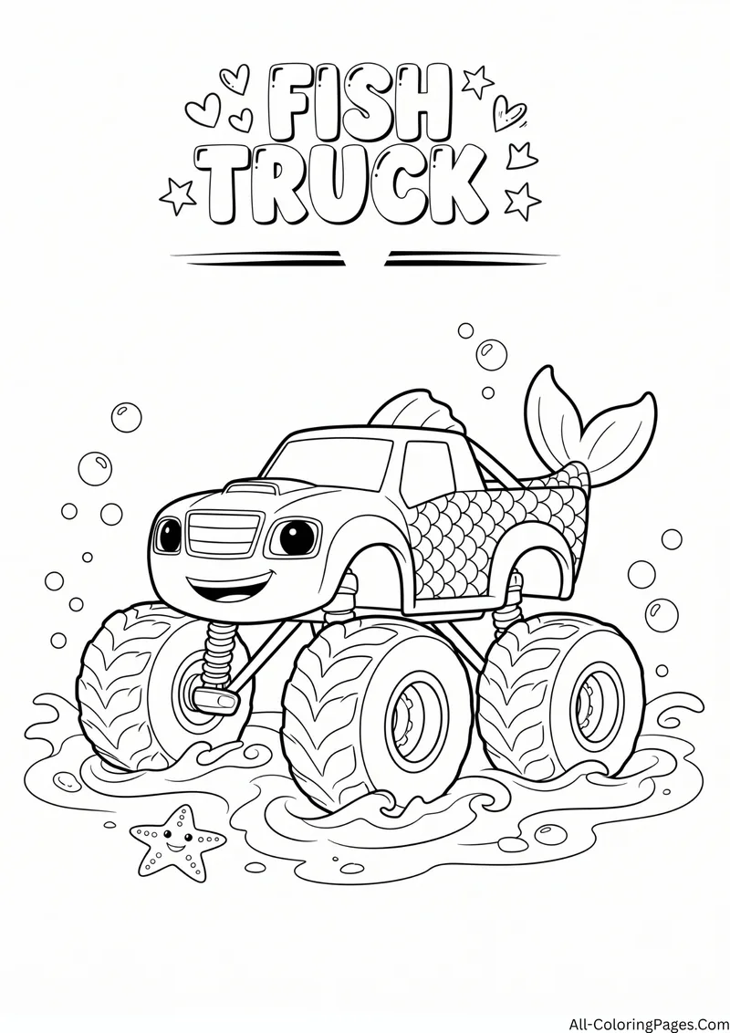 Monster truck with fish scales and a fish tail splashing through water with a starfish, with the title Fish Truck