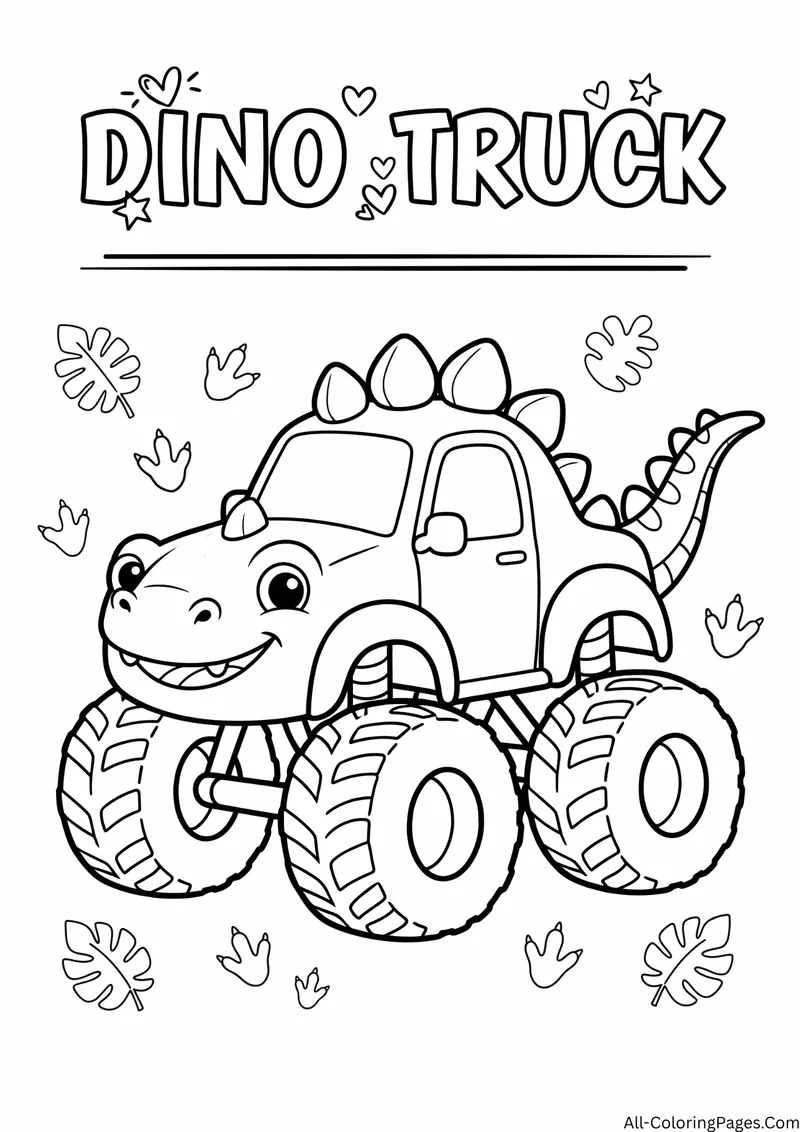 Monster truck shaped like a dinosaur with spikes and a tail among leaves and footprints, with the title Dino Truck