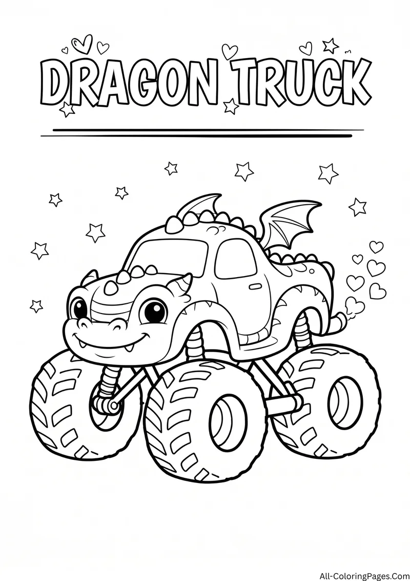 Monster truck with dragon wings, horns and a spiky back among stars and hearts, with the title Dragon Truck