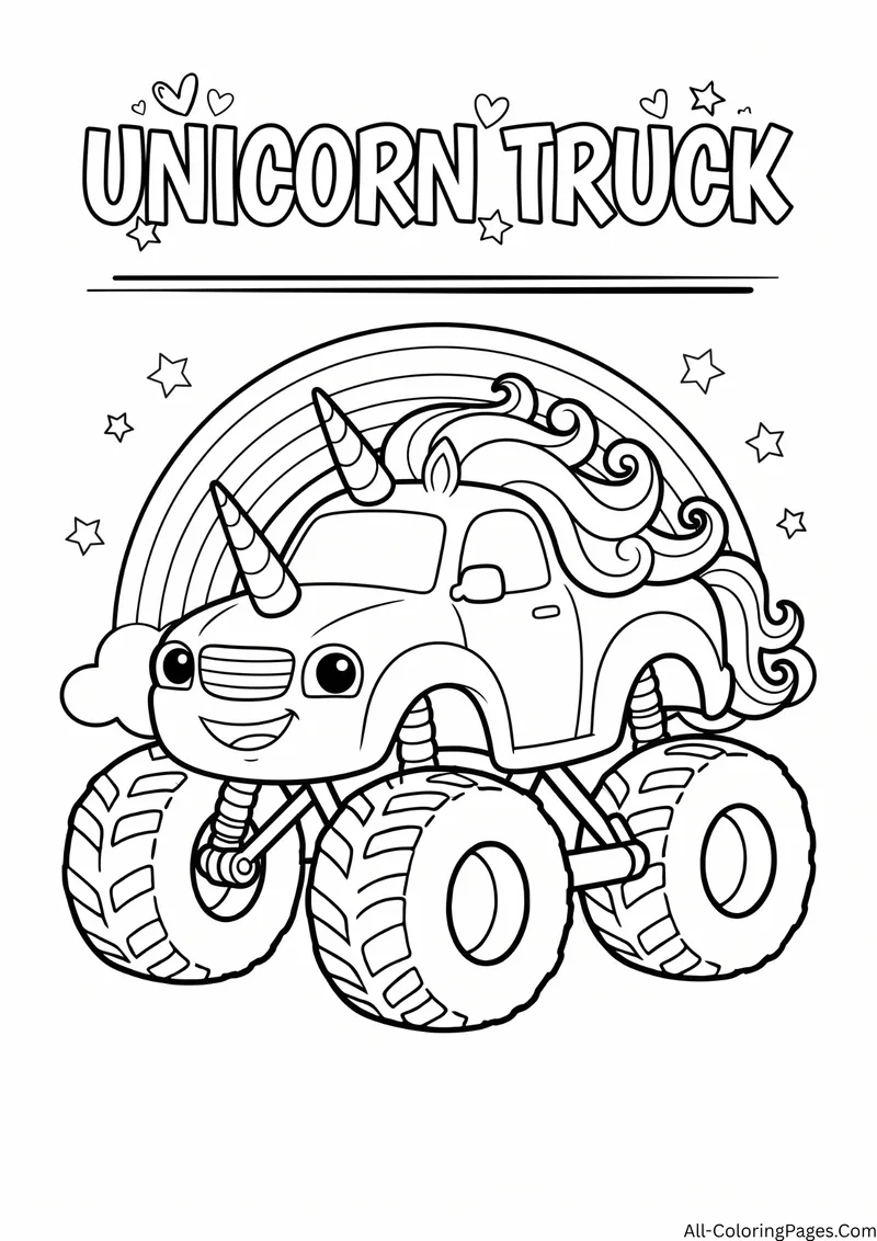 Monster truck with a unicorn horn and a curly mane in front of a rainbow, with the title Unicorn Truck