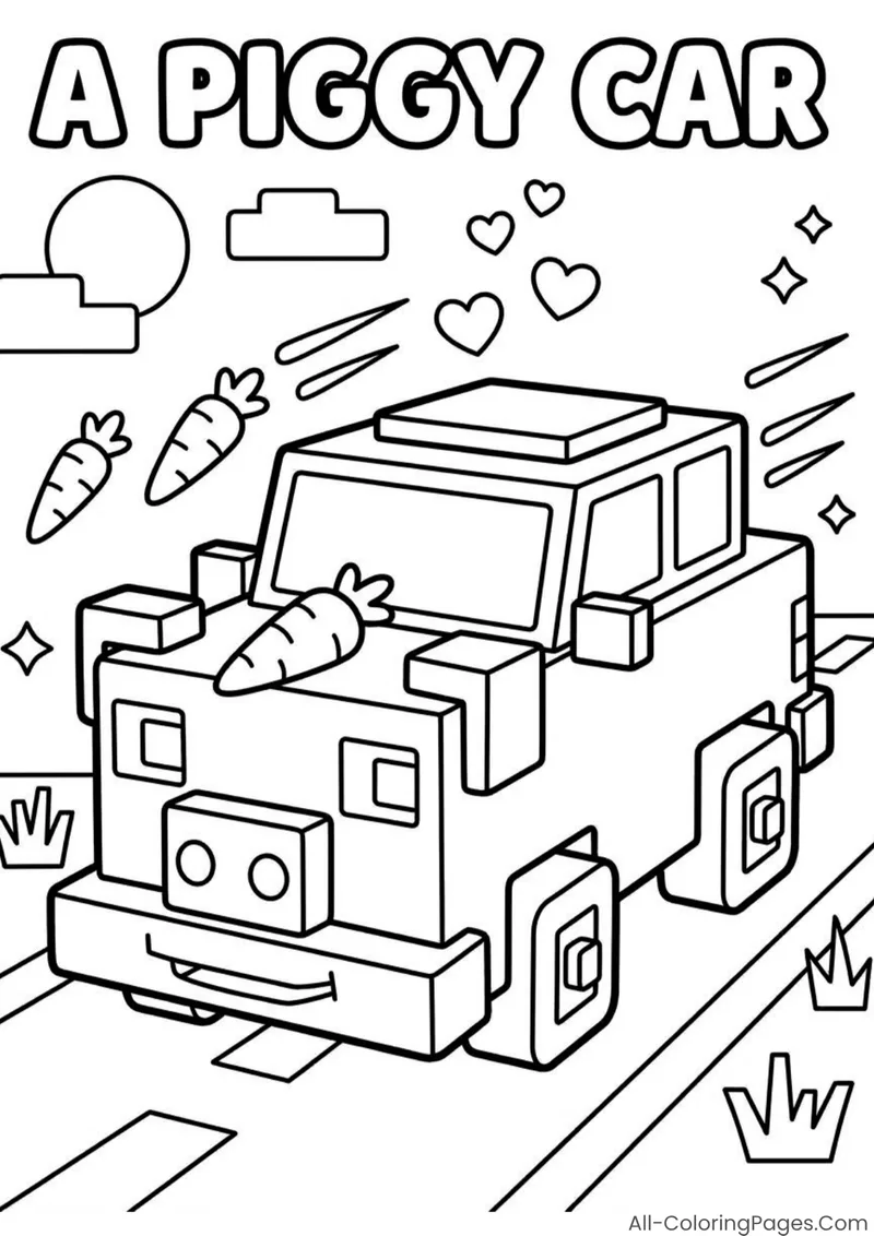 A pig-shaped blocky car with carrots above its bonnet