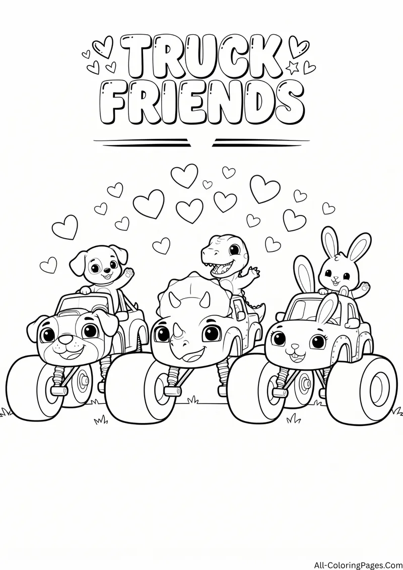Three animal themed monster trucks with a puppy, a dinosaur and a bunny among hearts, with the title Truck Friends