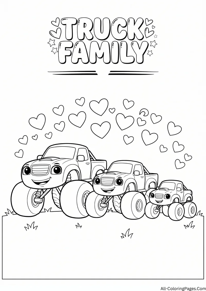 Three monster trucks of different sizes in a row with many hearts above, with the title Truck Family