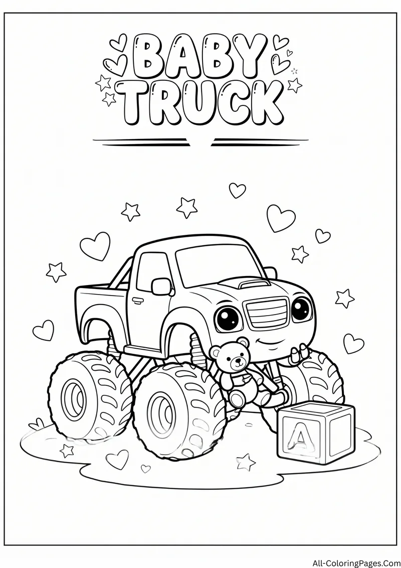 Small monster truck with a teddy bear and an alphabet block among hearts and stars, with the title Baby Truck