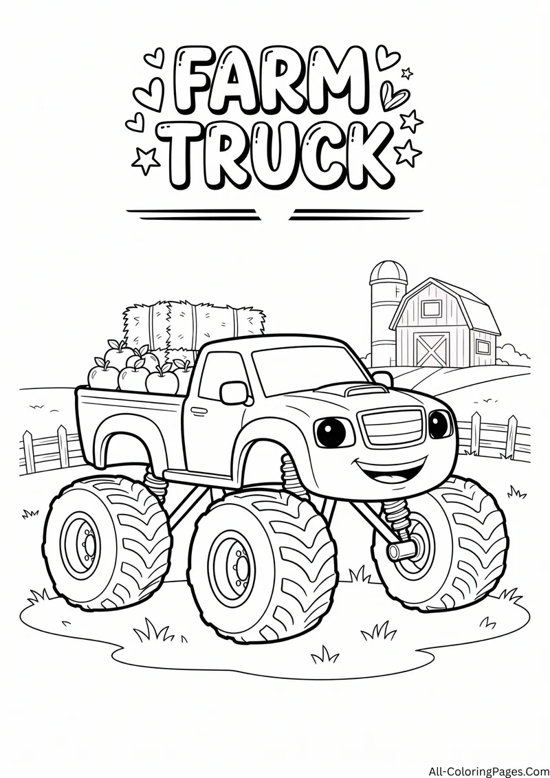 Monster truck carrying hay and apples near a barn, a silo and a fence, with the title Farm Truck