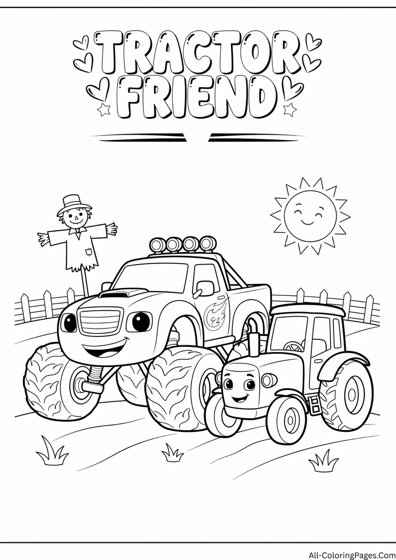 Monster truck and a small tractor side by side with a scarecrow and a smiling sun, with the title Tractor Friend