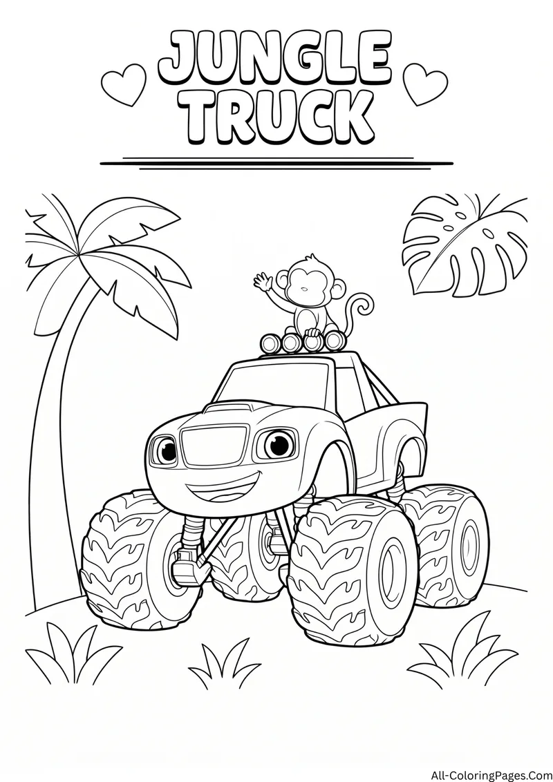 Monster truck with a monkey on the roof among palm trees and jungle leaves, with the title Jungle Truck