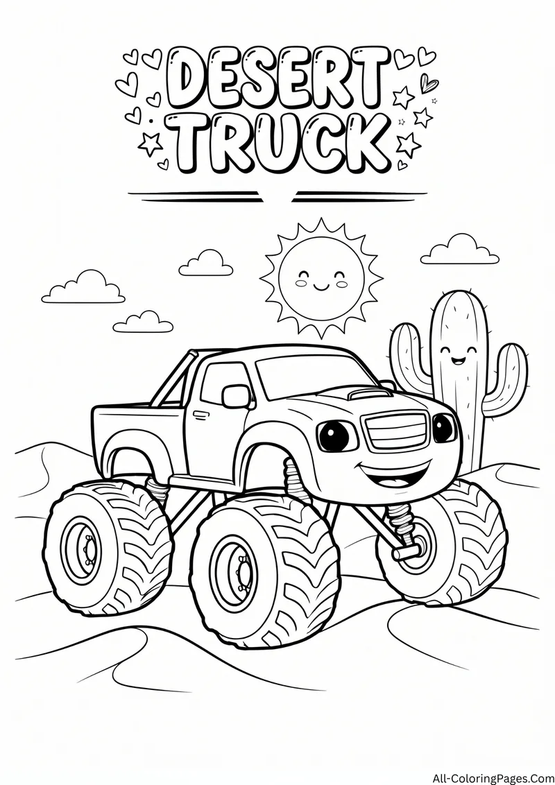 Monster truck on desert sand dunes with a cactus and a smiling sun, with the title Desert Truck