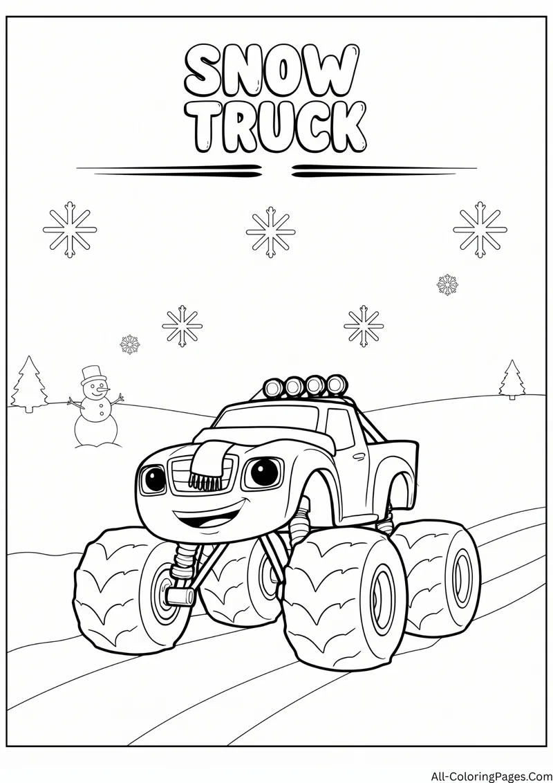 Monster truck driving on a snowy road with a snowman, trees and snowflakes, with the title Snow Truck