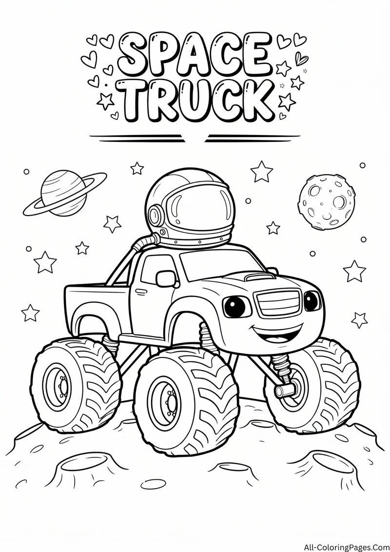 Monster truck wearing an astronaut helmet on the moon with planets and stars, with the title Space Truck