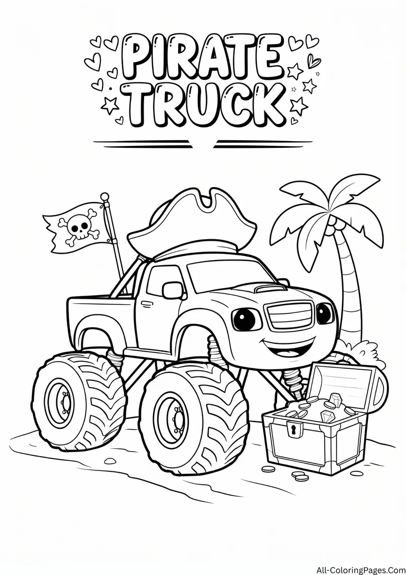 Monster truck wearing a pirate hat with a skull flag, a treasure chest and a palm tree, with the title Pirate Truck