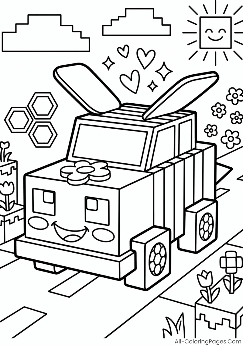 A bee-shaped blocky car with wings and a flower on its bonnet
