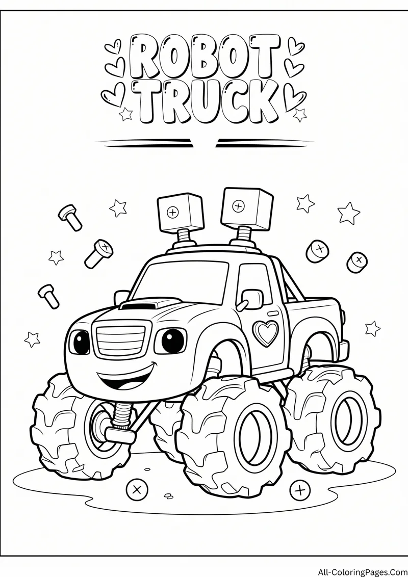 Robot style monster truck with antennas, bolts and a heart on the door, with the title Robot Truck