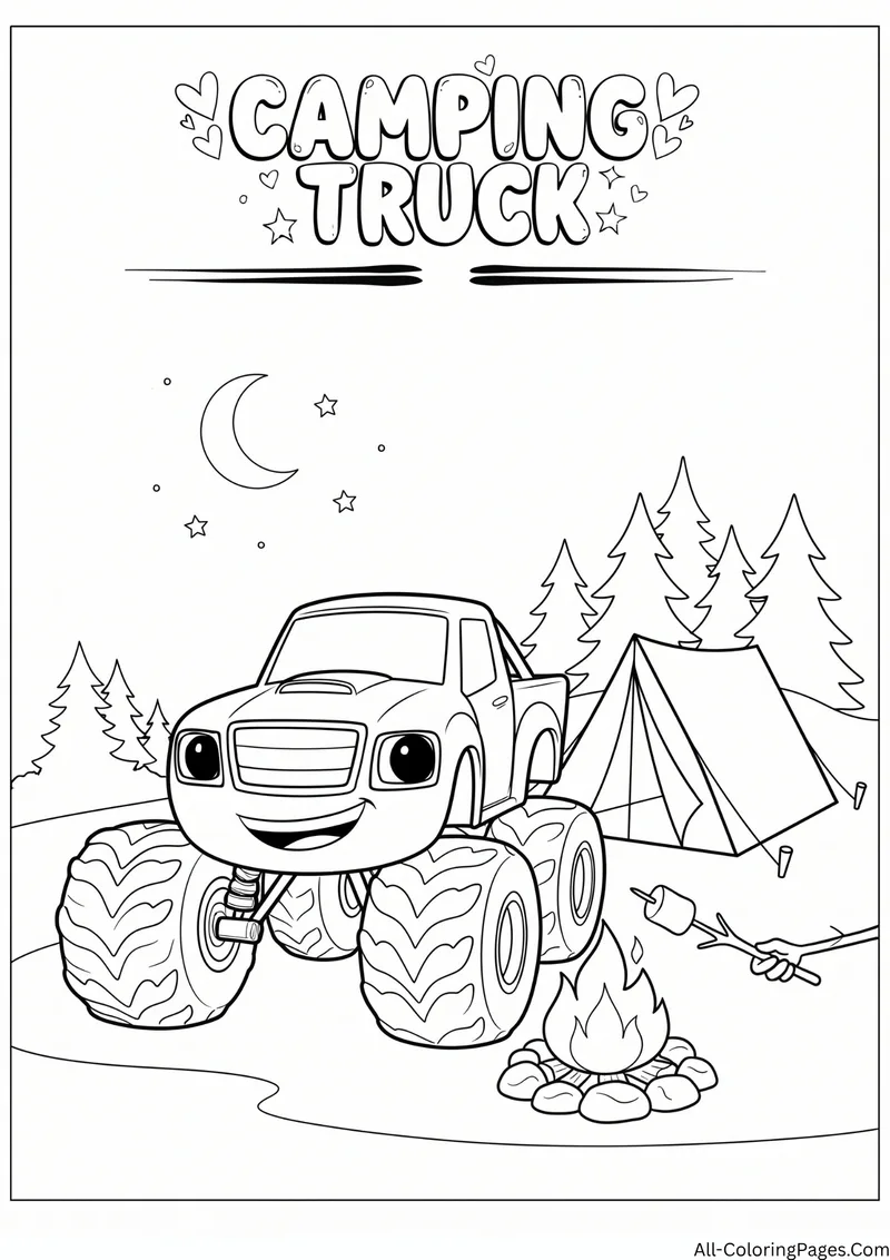 Monster truck parked beside a tent and a campfire with a marshmallow stick in a pine forest, with the title Camping Truck