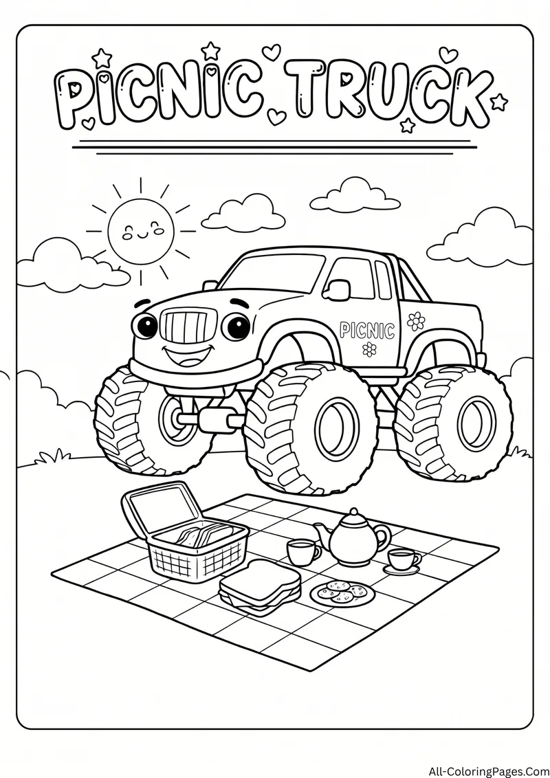 Monster truck beside a picnic blanket with a basket, a teapot and food under a smiling sun, with the title Picnic Truck