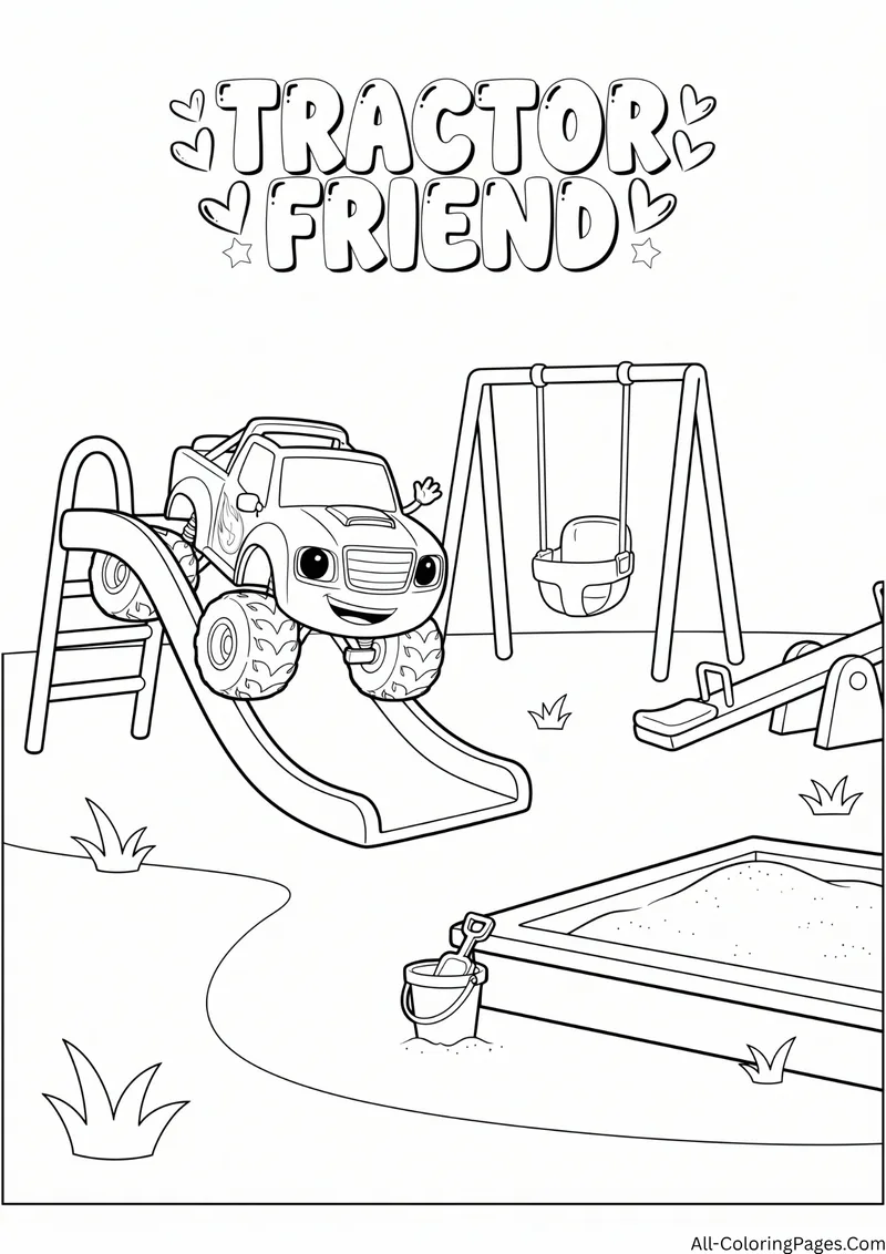 Monster truck sliding down a playground slide with swings, a seesaw and a sandbox