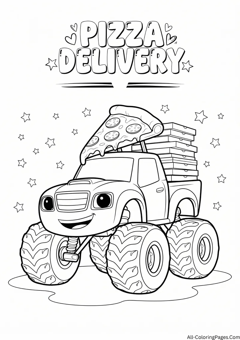Monster truck carrying stacked pizza boxes and a giant pizza slice, with the title Pizza Delivery