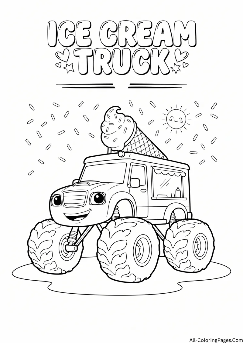 Monster ice cream truck with a giant cone on the roof, sprinkles and a smiling sun, with the title Ice Cream Truck