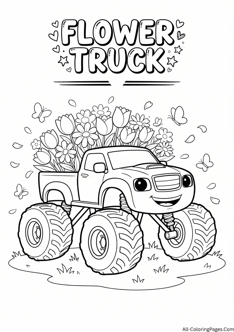 Monster truck with a bed full of tulips and flowers and butterflies around it, with the title Flower Truck