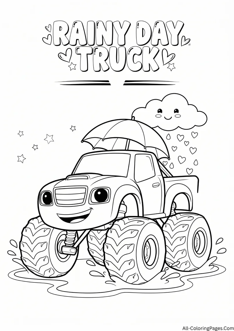 Monster truck under an umbrella beside a smiling rain cloud and a puddle, with the title Rainy Day Truck
