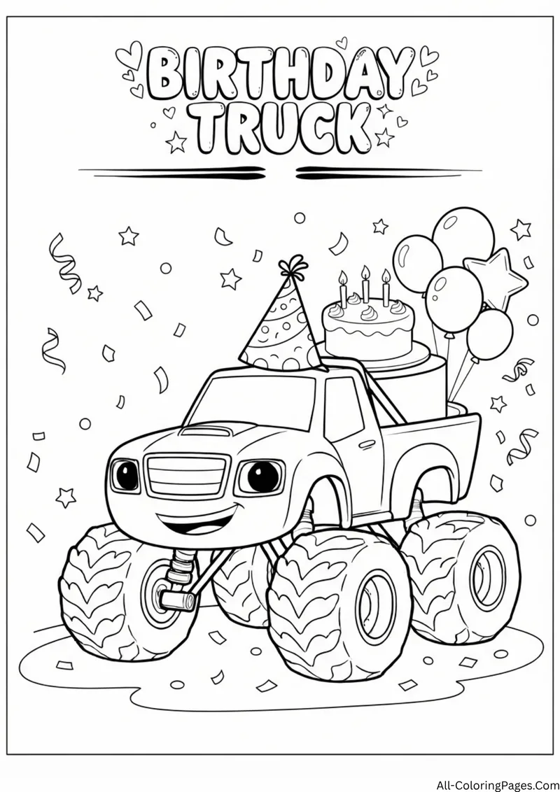 Monster truck in a party hat with a birthday cake, balloons and confetti, with the title Birthday Truck
