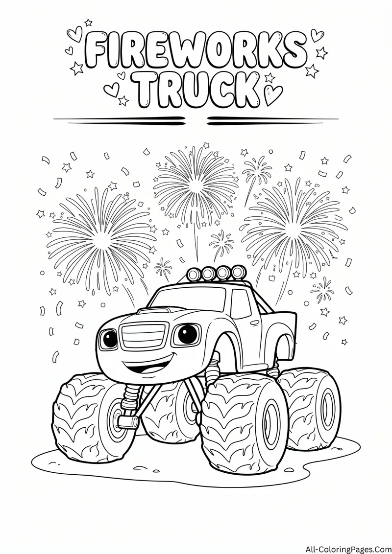 Monster truck with roof lights under bursting fireworks, with the title Fireworks Truck