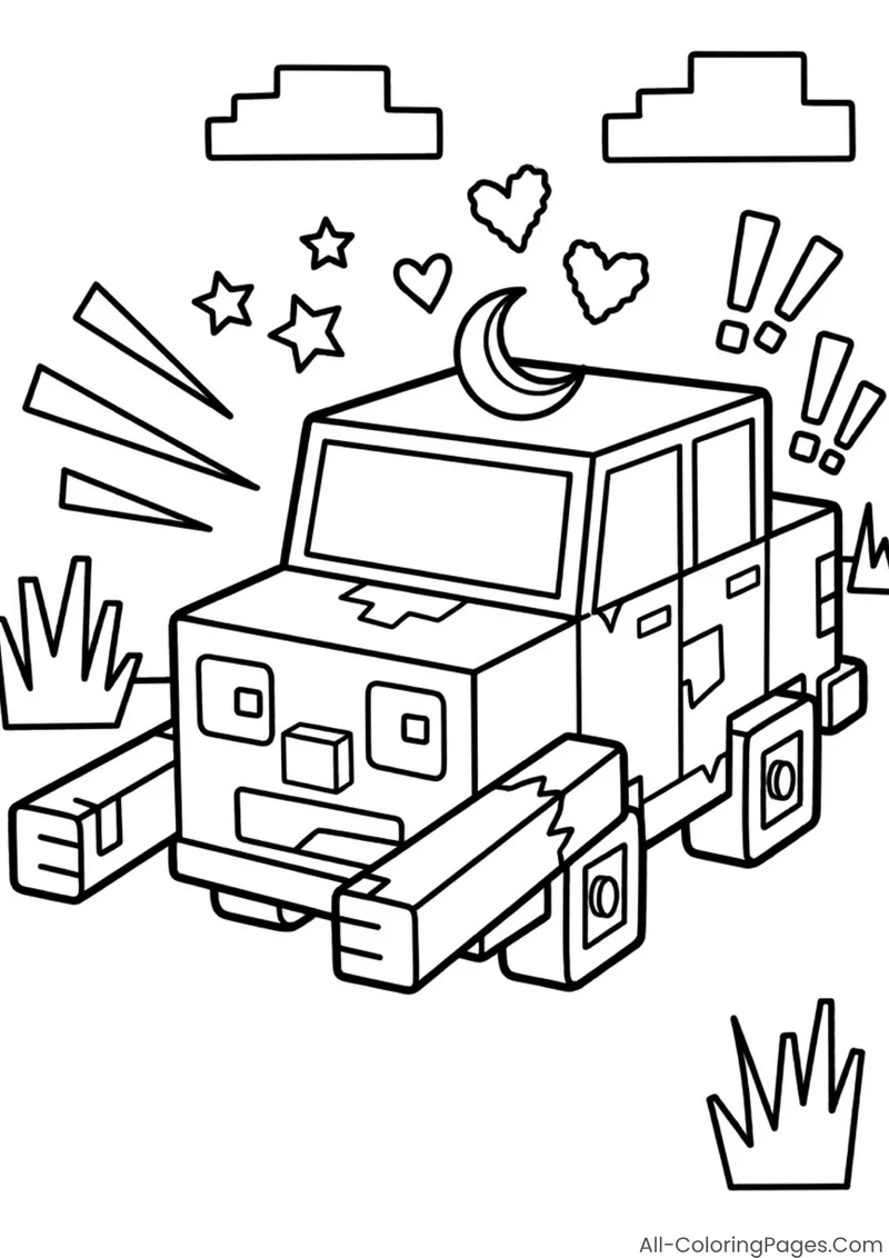 A zombie-faced blocky car beneath a moon and stars
