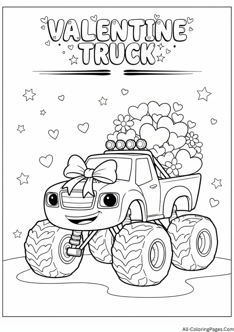 Monster truck with a bow on the hood and a bed full of hearts, with the title Valentine Truck