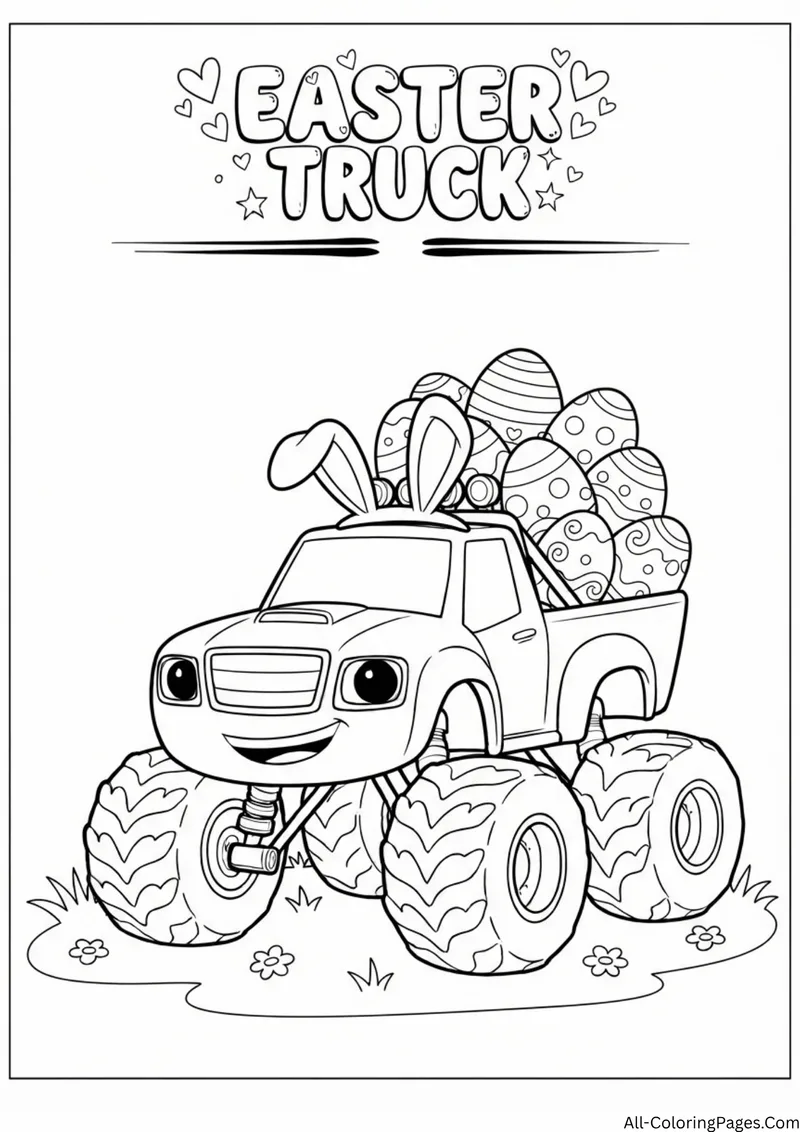 Monster truck with bunny ears and a bed full of decorated Easter eggs, with the title Easter Truck